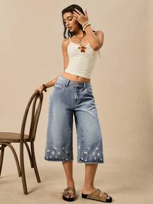 Easelle 女士宽松做旧刺绣时尚休闲牛仔裤，夏季 - 藍色 - 查看 5