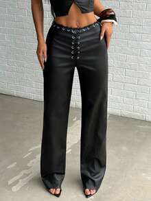 Jeanoix Y2K Women Coated Eyelet Lace-Up Front Straight Leg Loose Pants - Black - View 1