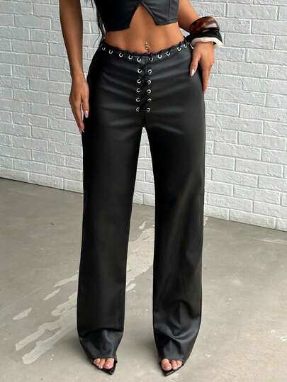 Jeanoix Y2K Women Coated Eyelet Lace-Up Front Straight Leg Loose Pants