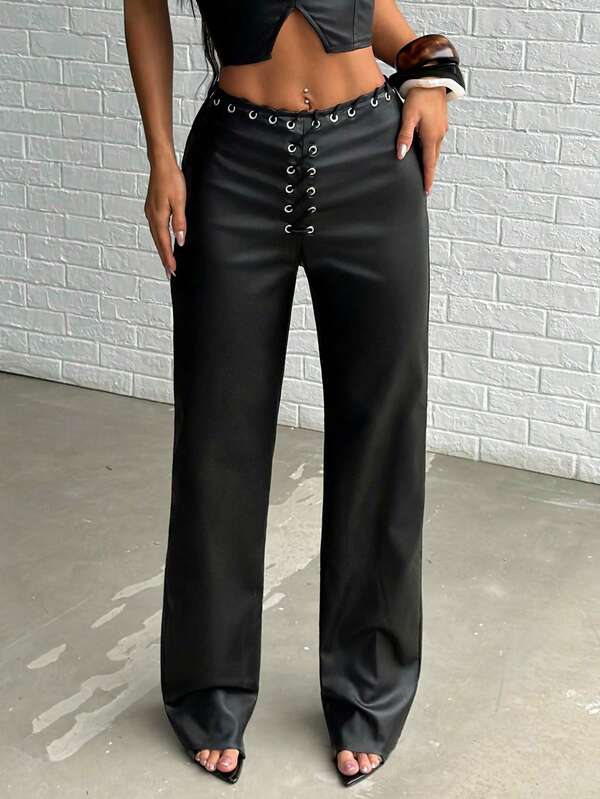 Jeanoix Y2K Women Coated Eyelet Lace-Up Front Straight Leg Loose Pants