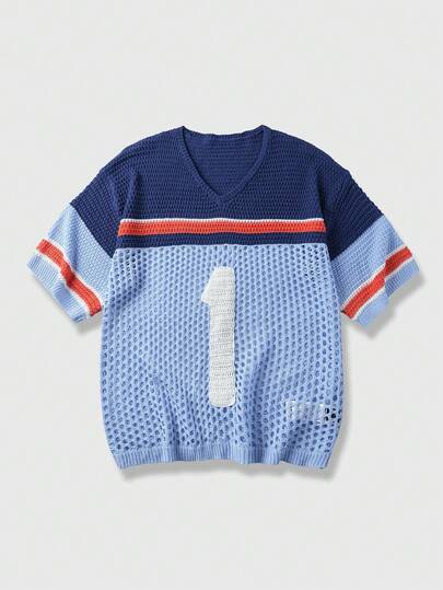 ROMWE MEN 男士休闲撞色V领短袖镂空针织上衣