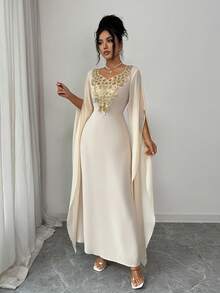 Elenzga Đầm nữ dáng chuẩn thanh lịch với cổ áo hoa và thiết kế thắt nơ sau lưng. - Màu be - Xem 4