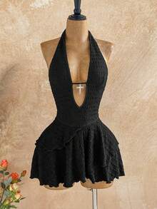 Soleia 性感V领交叉装饰镂空露背吊带纹理面料多层不规则下摆迷你连衣裙，适合派对、圣诞节、约会、夜店、海滩、邮轮、下午茶、波西米亚风、度假、秋季女装、复古风 - 黑色 - 查看 7