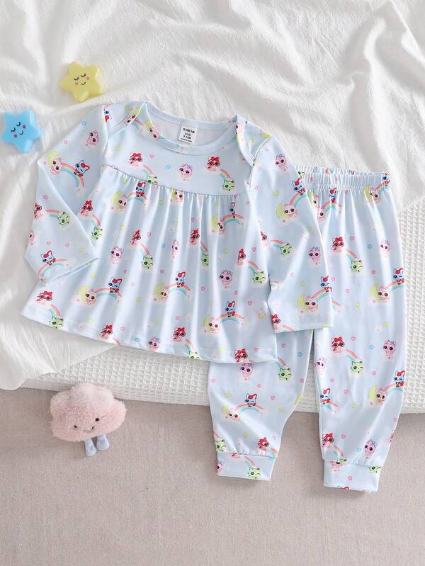 Baby Girls Pajamas-2 Piece Pajama Set Light Blue Cartoon Print Round Neck Long Sleeve Top Long Pants Versatile Sleepwear Nightwear Cozy Breathable All Season Holiday 2026 New Year Essential Gift Outfit Charming Playful Whimsical