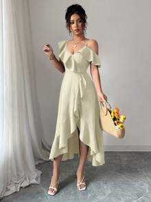 Elenzga Solid Color Spaghetti Strap Cold Shoulder Ruffle Hem Elegant Faux Denim Dress - Apricot - View 3
