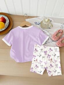 SHEIN LMoss Kids 女婴休闲简约圆领宽松短袖T恤和紧身骑行短裤套装，适合春夏穿着 - 彩色 - 查看 2