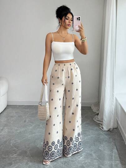 Elenzga Casual Elastic Waist Wide Leg Pants For Women, Spring/Summer