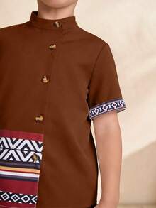 2pcs/Set Young Boys Modest Clothing Totem Print Patchwork Contrast Color Short Sleeve Shirt With Oblique Collar + Black Shorts, Comfortable & Fashionable, Suitable For Banquet, Family Gathering Boys Woven Shirt Short Sets Boys Brown 2 Piece Set - Brown - View 3