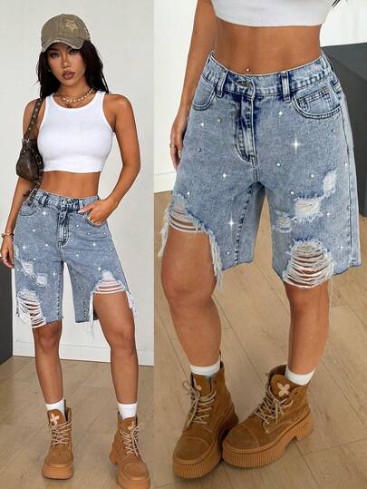 SHEIN PETITE 春夏女式派对 Y2K 度假休闲口袋水钻装饰做旧牛仔短裤