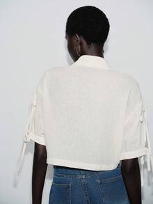 Lumivelle Women's Short Linen-Like Shirt With Bow Decor, Suitable For Commute And Vacation, Summer Tie Sleeve Shirt Cotton Cropped Shirts Crop Shirt - Apricot - View 2