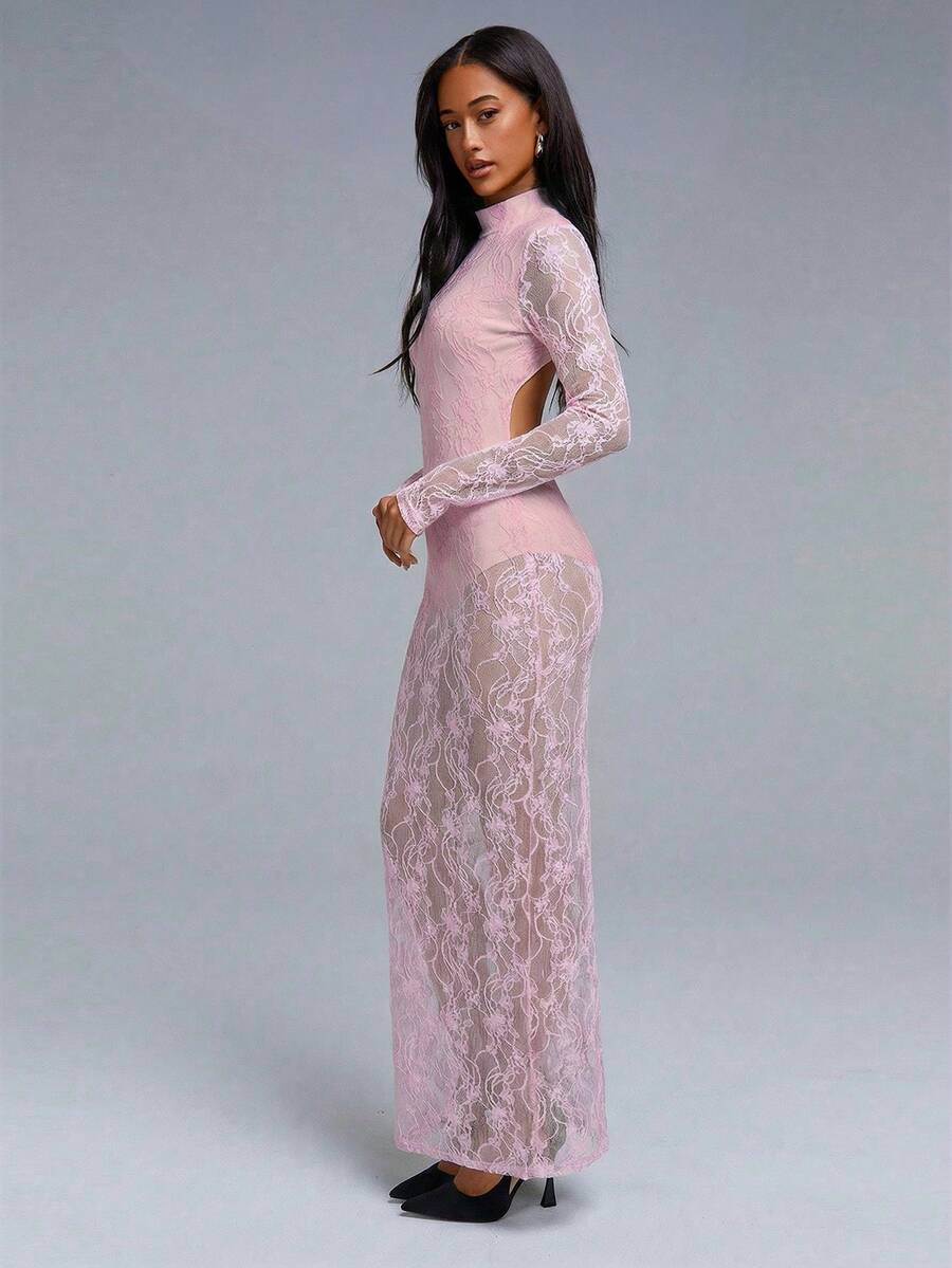 Athîral Gaun Wanita Seksi dengan Belahan Punggung Terbuka dan Detail Renda Kontras, Musim Gugur - Baby Pink - View 1