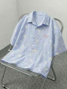 AXEPEAK Men's Summer Casual Striped Embroidered Shirt - Blue - View 6