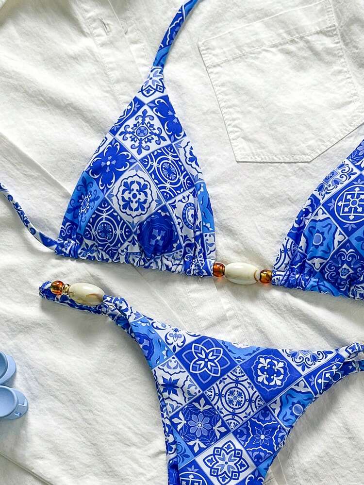 Elavelle Springbreak Women's Random Print Halter Ruched Beaded Sexy Bikini Swimsuit Set, Summer Beachwear Outfits - Multicolor - View 5