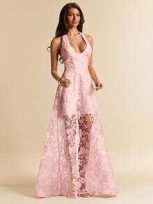 SHEIN BAE Đầm maxi dáng xòe, cổ chữ V sâu, màu hồng trơn, chất liệu có họa tiết, thích hợp làm trang phục dự tiệc cưới, dự tiệc trưa, dự sự kiện trang trọng, đầm hè, đầm hẹn hò, đầm dự tiệc sinh nhật, đầm đi nghỉ mát biển. - Màu Hồng baby - Xem 5