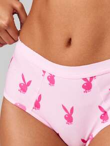 Missguided x Playboy 兔子印花圆领文胸和三角裤内裤套装 可爱动物图案内衣 - 粉色 - 查看 6