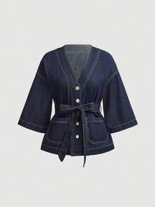 Maija Women's Dark Blue Denim Jacket 3/4 Sleeve Shirt With Belt Spring Elegant Women's Wear - Dark Wash - View 2