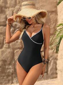 Brillora Women's Summer Beach Vacation Contrast Binding Strap One-Piece Swimsuit - Black - View 5