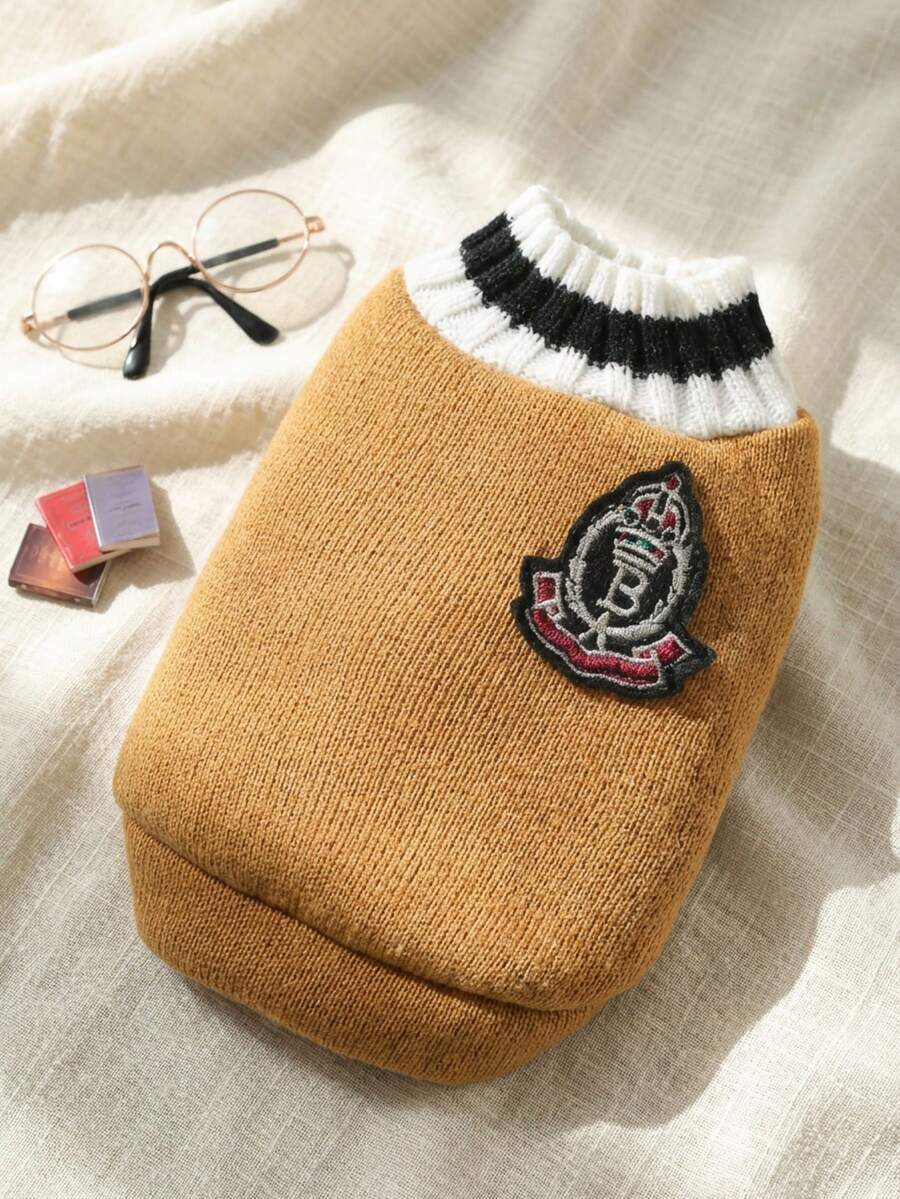 PETSIN Áo len thú cưng màu nâu phong cách đại học, ấm áp cho mèo và chó, lý tưởng cho mùa thu/đông - màu nâu - Xem 1