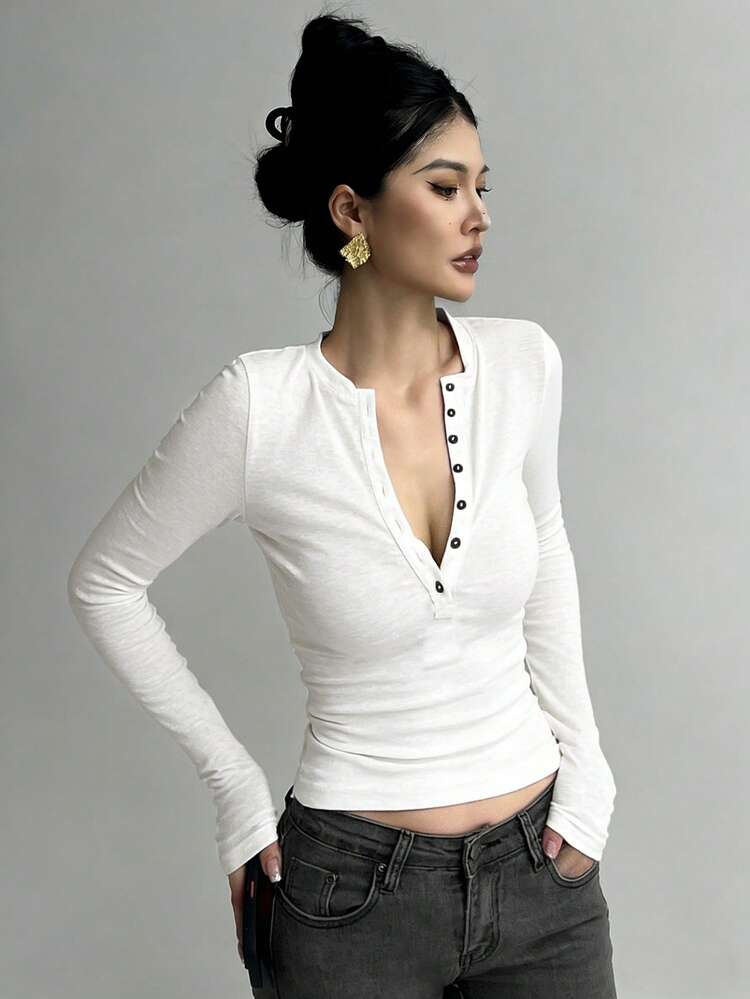 Women's Half-Zip Long Sleeve Bodycon T-Shirt Y2k