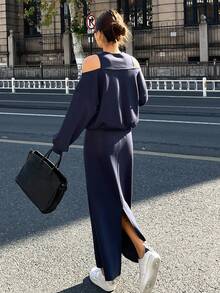 DAZY 女士休闲露肩上衣和半裙两件套 - 藏蓝色 - 查看 6