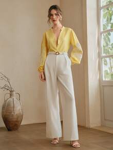 Anewsta Women's Embroidered Blouse, Fresh And Elegant , Delicate Embroidery, V-Neck Lantern Sleeve, Loose And Slimming Long Sleeve Top - Yellow - View 5