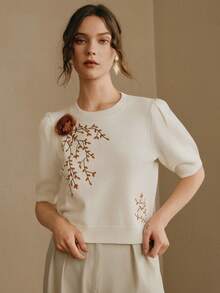 Anewsta Women's Round Neck Embroidered Puff Sleeve Knit Top - White - View 5