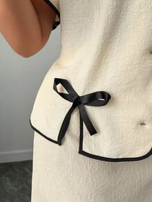 Elenzga Plus Size Spring/Summer Button Bow Contrast Color Short Sleeve Top And Mini Skirt 2 Piece Set, Elegant - Multicolor - View 7