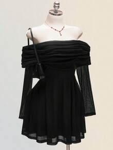 SHEIN ICON Váy trễ vai màu trơn thanh lịch cỡ lớn cho nữ - màu đen - Xem 6