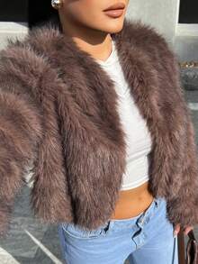 Dayanna Comas 秋冬女士前开蓬松大衣 - 鏽棕色 - 查看 4