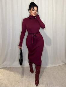 Dayanna Comas Women's Elegant Turtleneck Fitted Ribbed Texture Bowknot Sweater Dress - Red - View 1