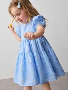 Maija Kids Vestido casual y cómodo con cuello redondo, mangas abultadas y cintura ceñida, con estampado floral y unicolor para niña - Azul - Ver 6