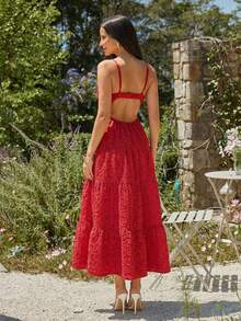 KARISMINA 女士优雅V领连衣裙，提花面料，优雅度假浪漫情人节连衣裙 - 紅色 - 查看 3