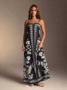 Swim Vcay 夏日海滩风宽松花卉中式印花长裙 - 黑與白 - 查看 4
