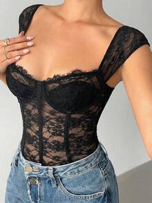 Aloruh 女士时尚法式性感蕾丝连体衣 - 黑色 - 查看 7