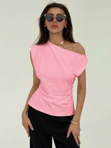 Aloruh New Minimalist Asymmetric-Shoulder Short Sleeve Pullover Cinched Waist Ruched Solid White T-Shirt - Pink - View 7