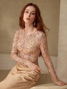 MOTF PREMIUM SEQUIN EMBROIDERED FASHIONABLE BASIC KNIT T-SHIRT - Gold - View 1