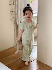 DAZY 女童蕾丝荷叶边休闲长袖上衣和裤子两件套睡衣