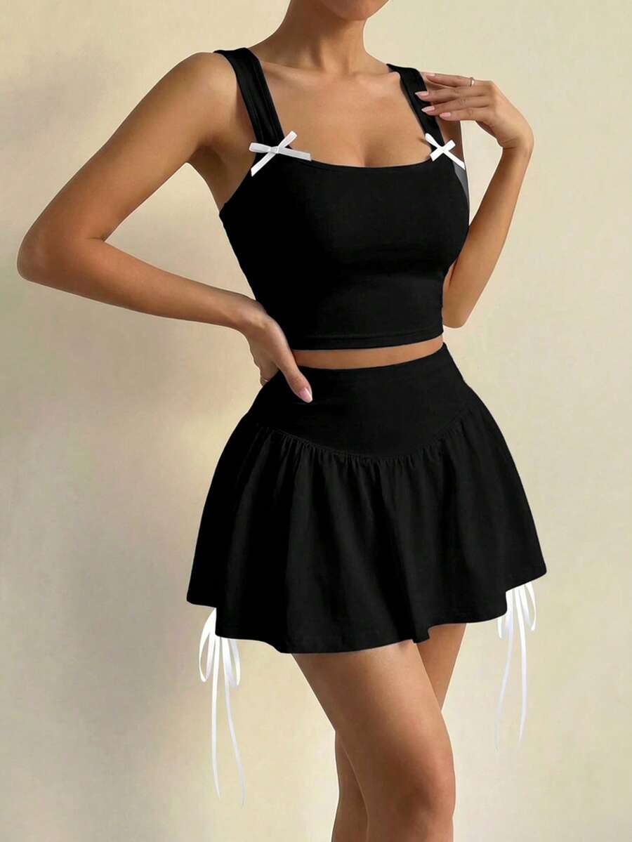 VaVaBold 2 件女式蝴蝶结装饰粗肩带背心和迷你裙套装，性感夏季服装 - 黑色 - 查看 1