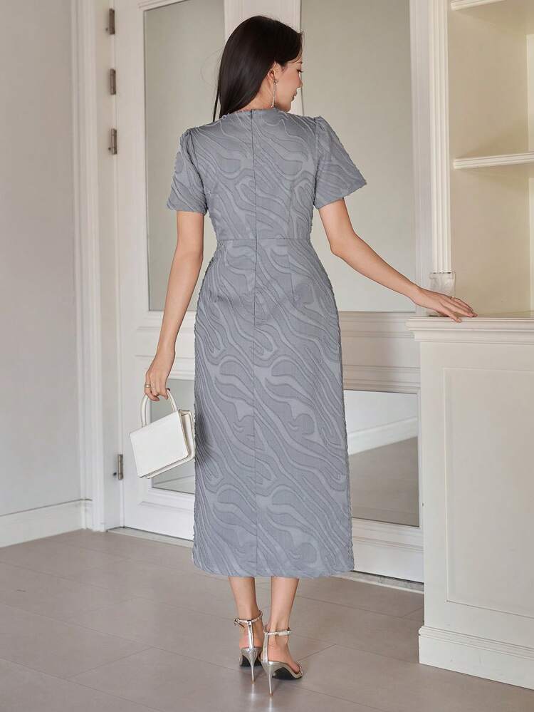 Women's Elegant Solid Color Textured Puff Sleeve Tie Waist Dress, Summer Wedding Guest Dress Sundress