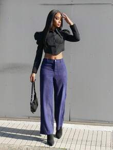 Yess Loren 纯色直筒蓝色贴袋裤