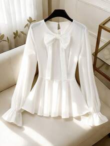 SHEIN Franclia Elegant White Autumn Blouse For Women,Sheer Fabric,Elastic Ruffle Cuffs,Ruched Hem,Oversized Bow,Korean Style Formal Top,Vacation Holiday Apparel - Apricot - View 4