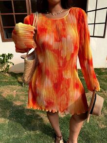 SHEIN EZwear 大码女式印花圆领长袖时尚连衣裙 - 橘色 - 查看 2