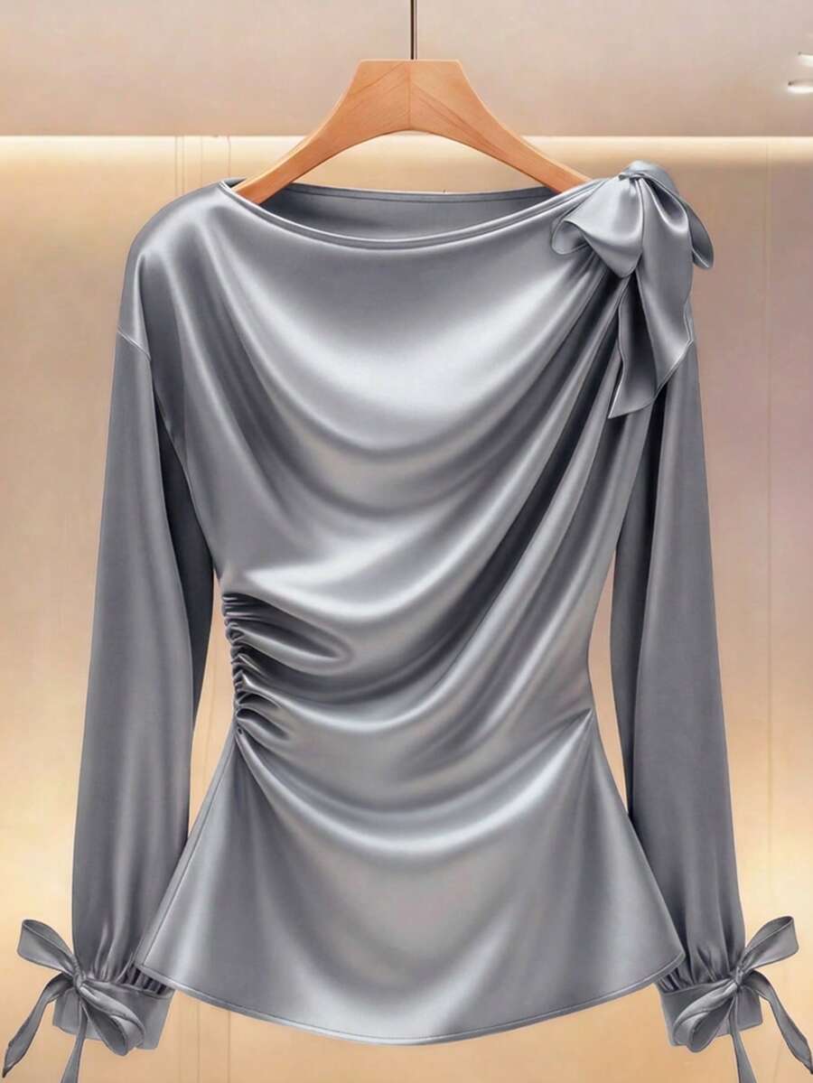 Modelyn 优雅纯色高品质缎面褶皱蝴蝶结腰部长袖女式衬衫 - 藍色 - 查看 1