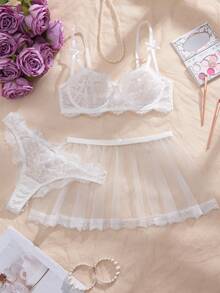 Crystal Vow 3件套女士新娘白色蕾丝梦幻婚纱内衣套装，包括性感薄纱文胸、舒适网纱迷你裙和丁字裤 - 白色 - 查看 6