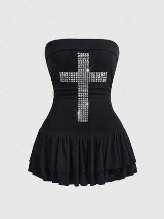 J-Fashion Vestido corto de cami negro con aplicaciones de cruz, tachuelas y strass en estilo Y2K
