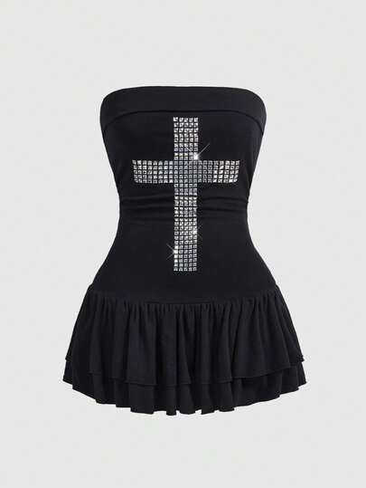 J-Fashion Y2K-Stil kurzes Trägerkleid in Schwarz mit Kreuz-Nieten und Strass-Verzierungen