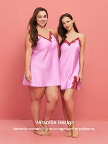 LUVLETTE Plus Size Sexy Silky Satin Luxurious Lace Trim Pink V-Neck Strappy Camisole Loungewear Slip Dress Airy Nightdress Lingerie Valentine's Day Gifts - Pink - View 9