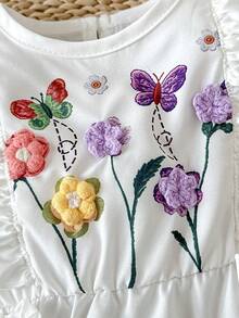 SHEIN 女婴白色无袖花卉蝴蝶印花连体衣，饰有蝴蝶结，可爱休闲，适合夏季外出、旅行和度假。 - 白色 - 查看 4
