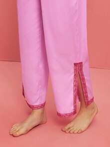 LUVLETTE Women Sexy Silky Satin Luxurious Lace Trim Button-Up Long PJ & Lounge Sets Airy Pink Loungewear Pajama Set Lingerie Valentine's Day Gifts - Pink - View 5