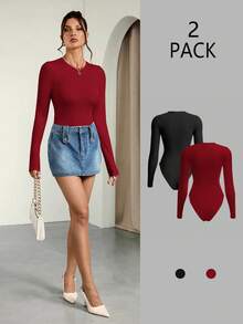 SHEIN Tall 2pcs/Set Women Solid Color Knitted Round Neck, Casual, Cozy Chic, Slim And Versatile Long Sleeve Bodysuit - Multicolor - View 11
